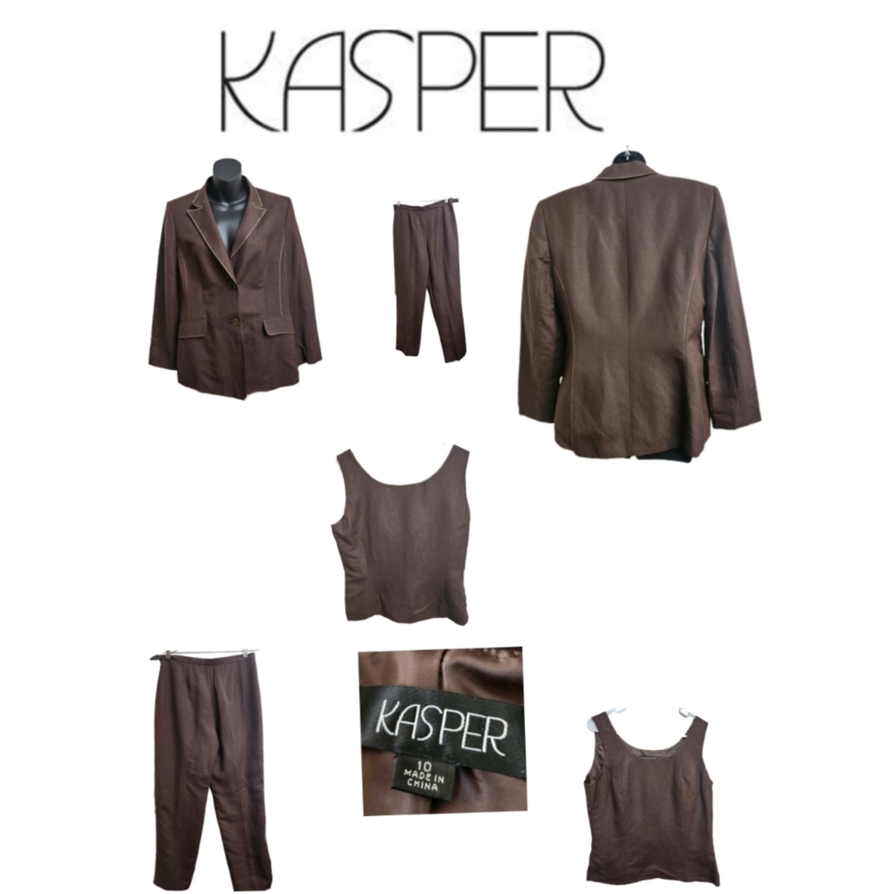 KASPER 3PC BROWN LINEN BLEND PANTS SUIT